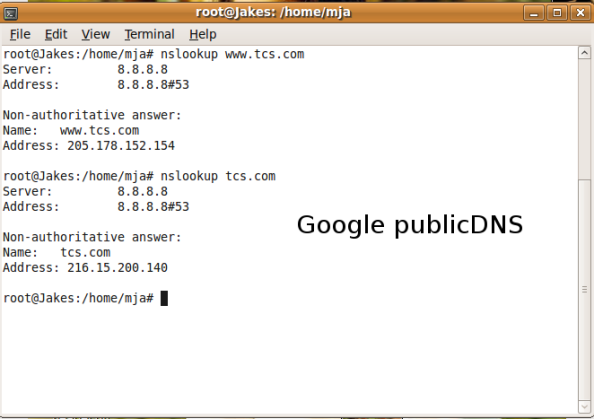 nslookup for www.tcs.com and tcs.com in Google public DNS